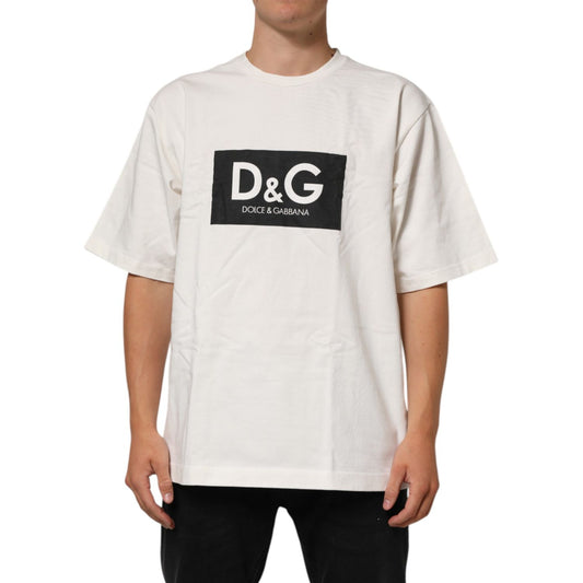 Dolce & Gabbana White Logo Print Cotton Crew Neck Men T-shirt with short sleeves.