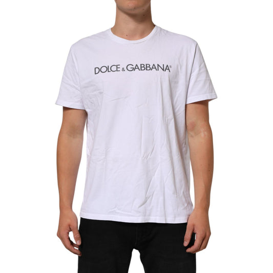Dolce & Gabbana White Logo Print Cotton Crew Neck T-shirt displayed on model