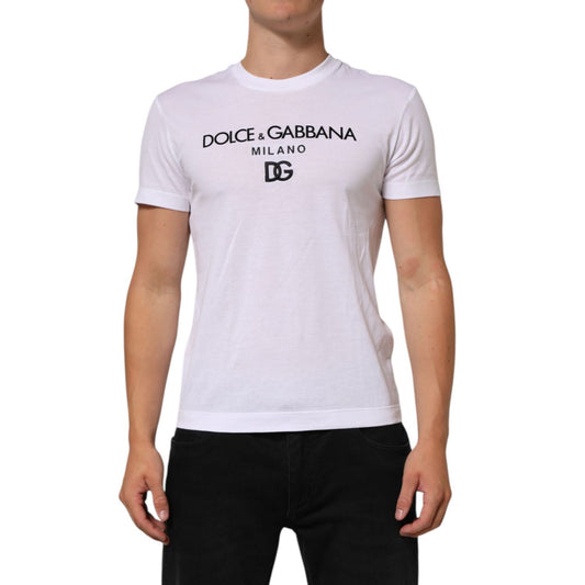 Dolce & Gabbana White Logo Print Cotton Men Crew Neck T-shirt, front view, showing bold logo print, worn by a model.