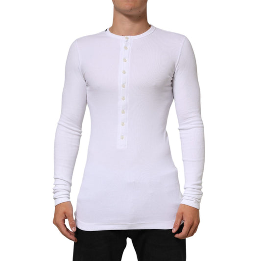 Model wearing Dolce & Gabbana White Long Sleeves Button Closure T-shirt with button-up neckline, highlighting casual sophistication.