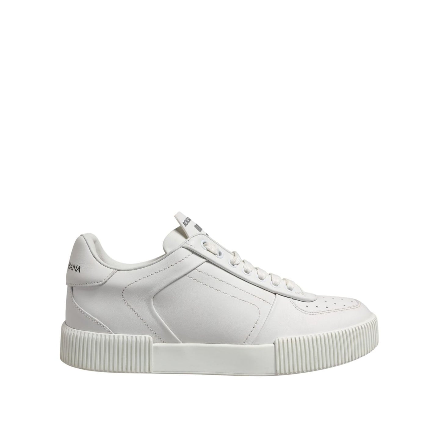 Dolce & Gabbana White Miami Leather Low Top Sneakers Men Shoes with black graffiti logo, side view on white background.