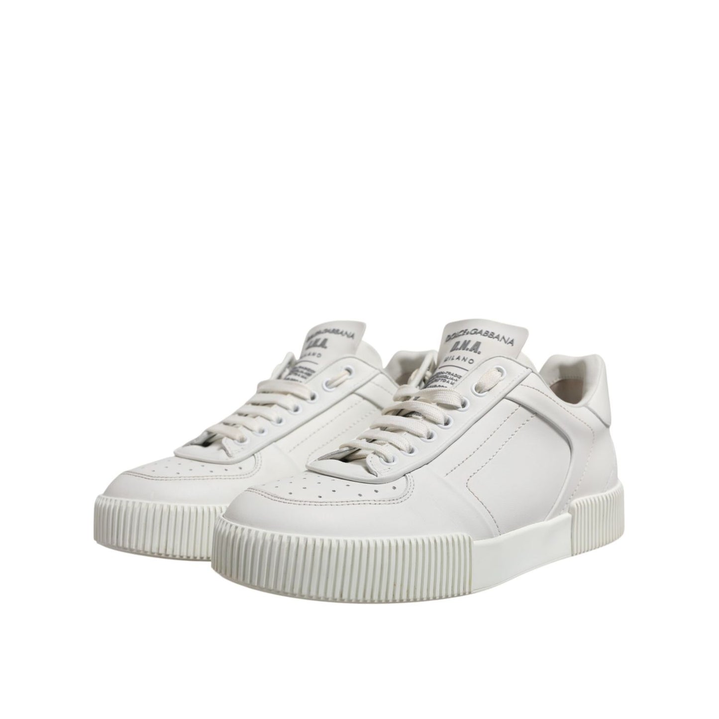Dolce & Gabbana White Miami Leather Low Top Sneakers Men Shoes with graffiti logo, rubber sole, lace-up closure; made in Italy.