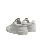Dolce & Gabbana White Miami Leather Low Top Sneakers Men Shoes with black graffiti-style logo, rubber sole, lace-up closure.
