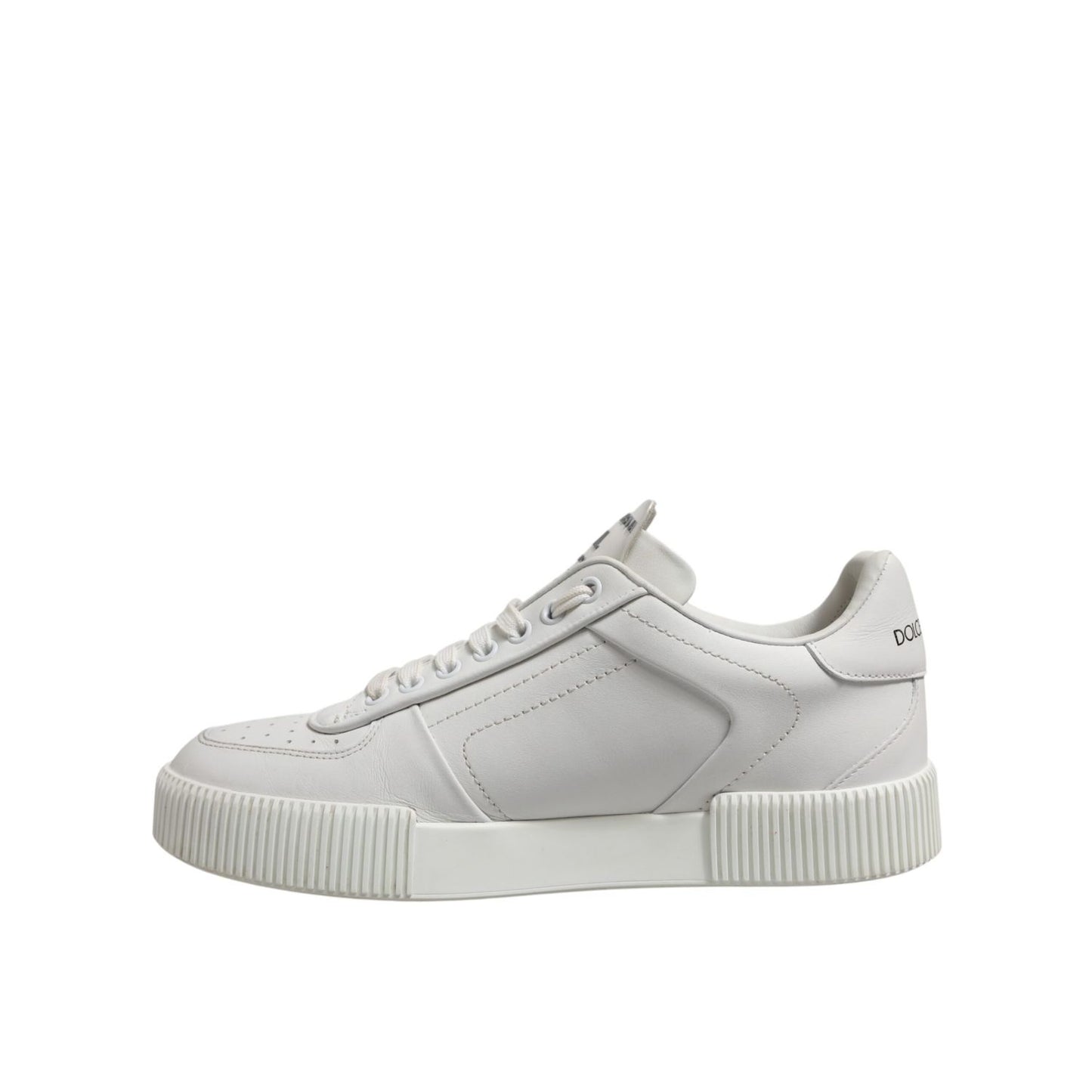 Dolce & Gabbana White Miami Leather Low Top Sneakers Men Shoes with black graffiti logo, side view showing rubber sole and lace-up closure.