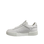 Dolce & Gabbana White Miami Leather Low Top Sneakers Men Shoes with black graffiti logo, side view showing rubber sole and lace-up closure.