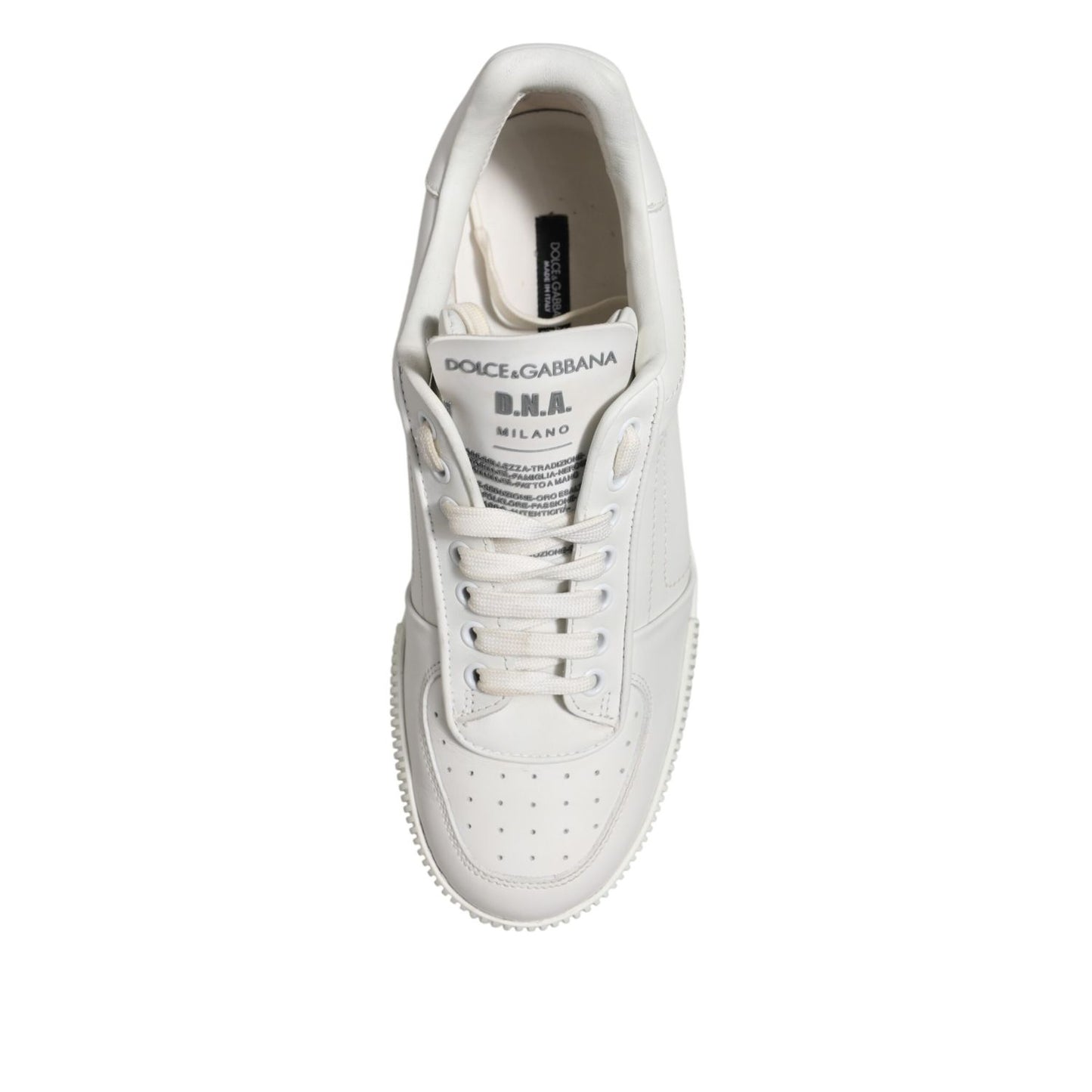 Top view of Dolce & Gabbana White Miami Leather Low Top Sneakers Men Shoes with logo detailing.