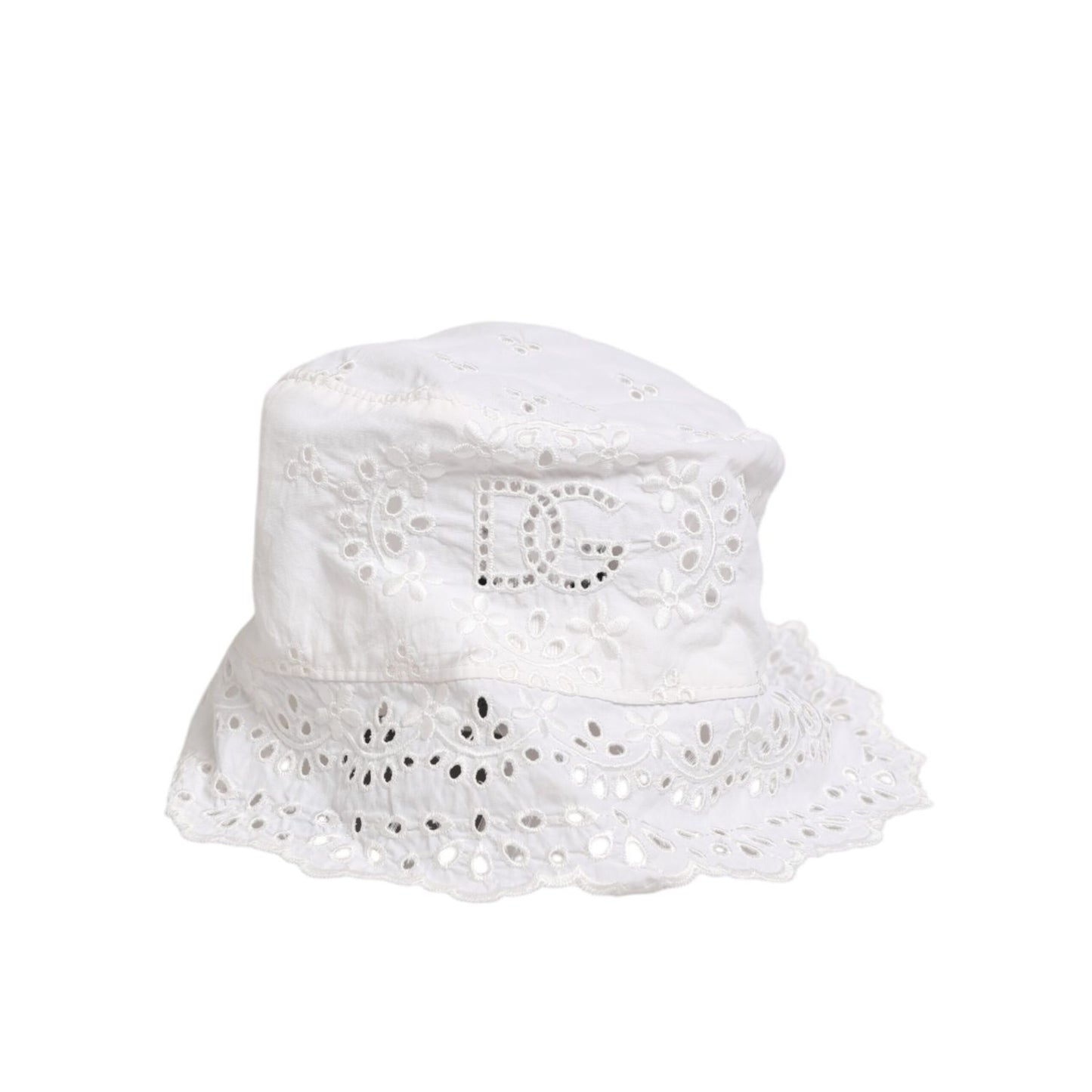 Dolce & Gabbana White Nylon Cut Out Bucket Logo Capello Hat featuring cut-out logo and lace details, perfect for streetwear style.