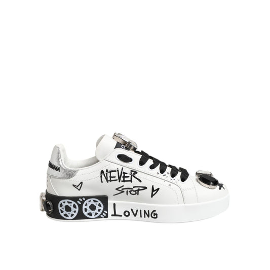 Dolce & Gabbana White Portofino Crystal Sneakers Shoes with graffiti print and rhinestone details