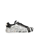 Dolce & Gabbana White Portofino Studded Men Sneakers Shoes with black and white graffiti design, featuring spikes and studs.