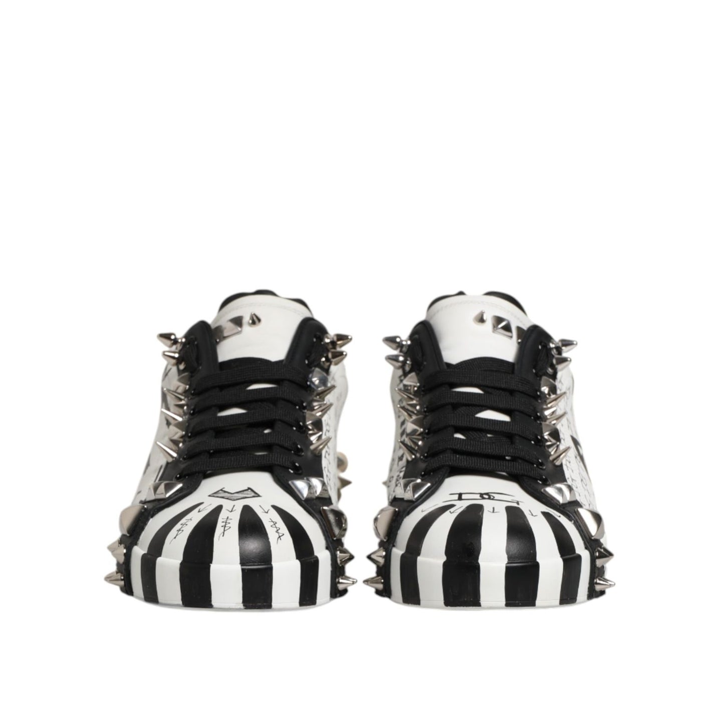 Dolce & Gabbana White Portofino Studded Men Sneakers Shoes featuring black and white stripes, frontal view.