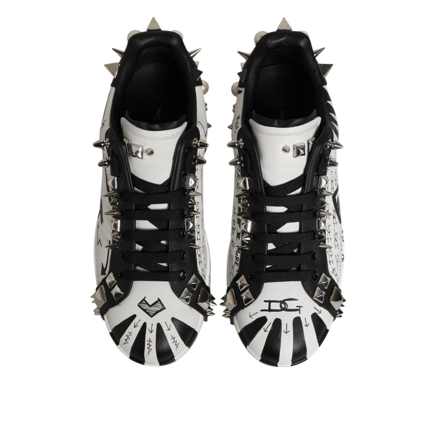 Dolce & Gabbana White Portofino Studded Men Sneakers Shoes, stylish white leather, edgy design with studs, perfect casual footwear.