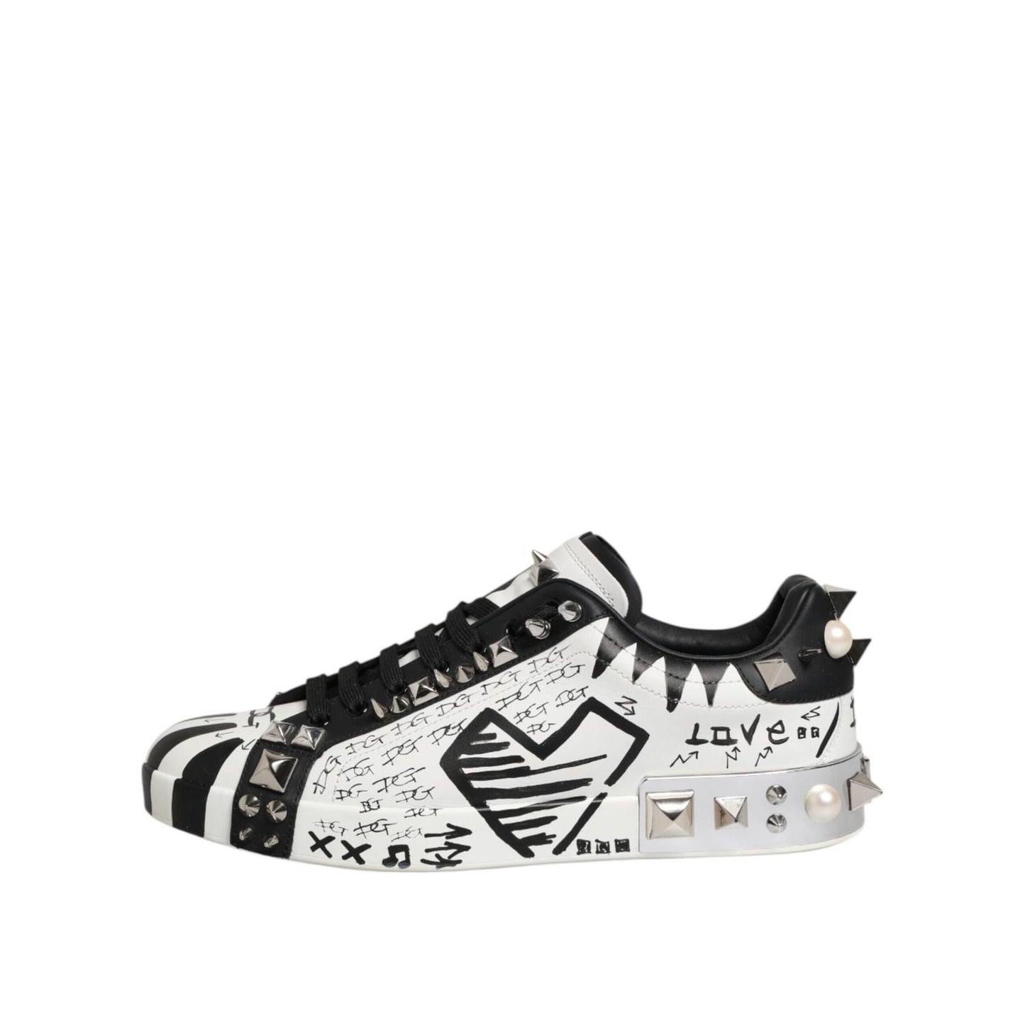 Dolce & Gabbana White Portofino Studded Men Sneakers Shoes in white leather with studs and black design on the side view