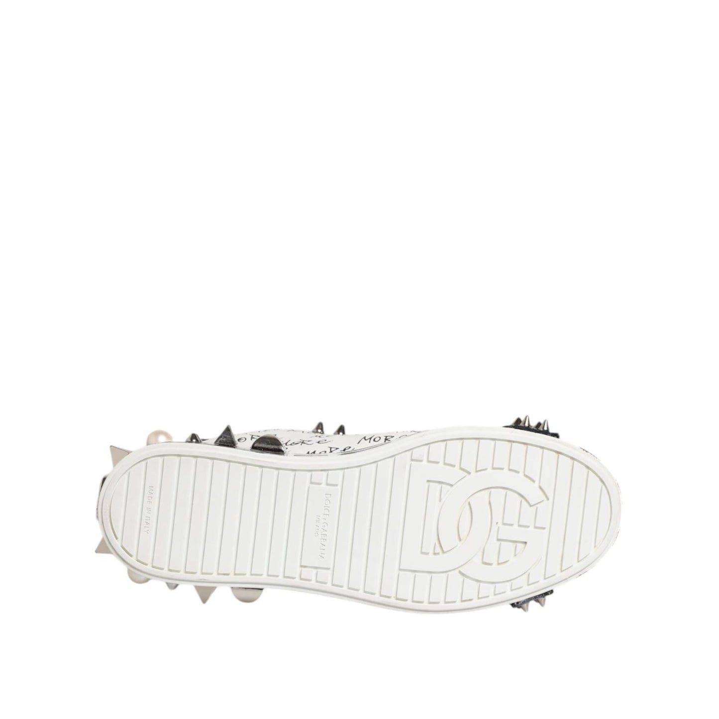 Sole view of Dolce & Gabbana White Portofino Studded Men Sneakers Shoes showing signature design.