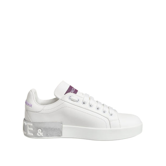 Dolce & Gabbana White Purple Leather Low Top Sneakers Shoes with lace-up closure and rubber sole, featuring luxury logo detailing.