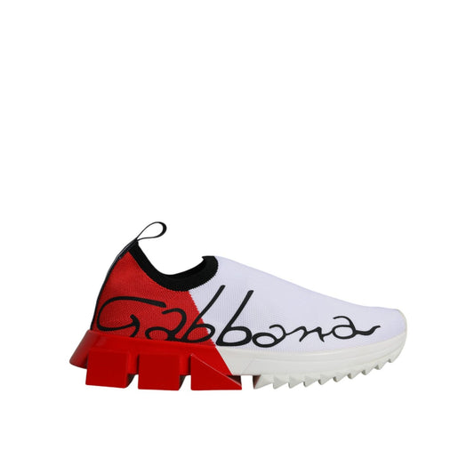 Dolce & Gabbana White Red Low Top Sorrento Men Sneakers Shoes with logo and unique rubber sole, side view
