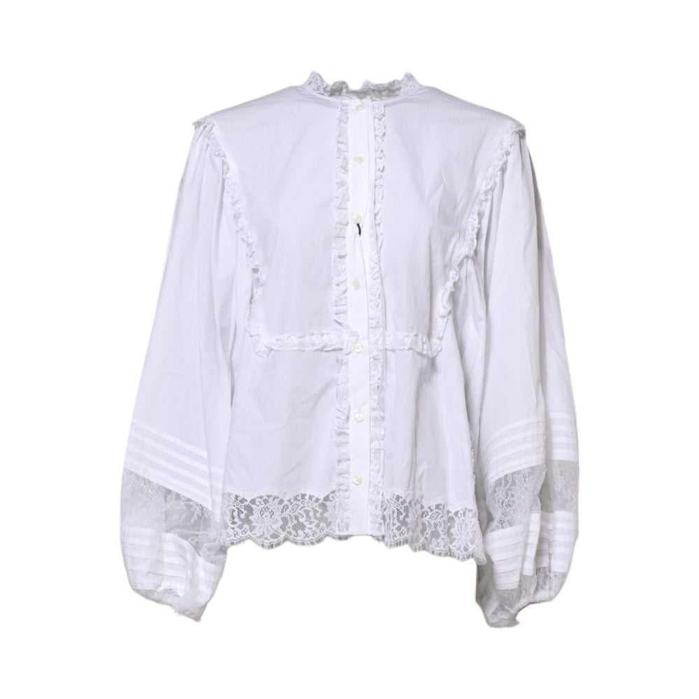 Dolce & Gabbana White Ruffled Lace Embellished Blouse Top, long sleeve, crafted from cotton blend, featuring intricate lace detailing.