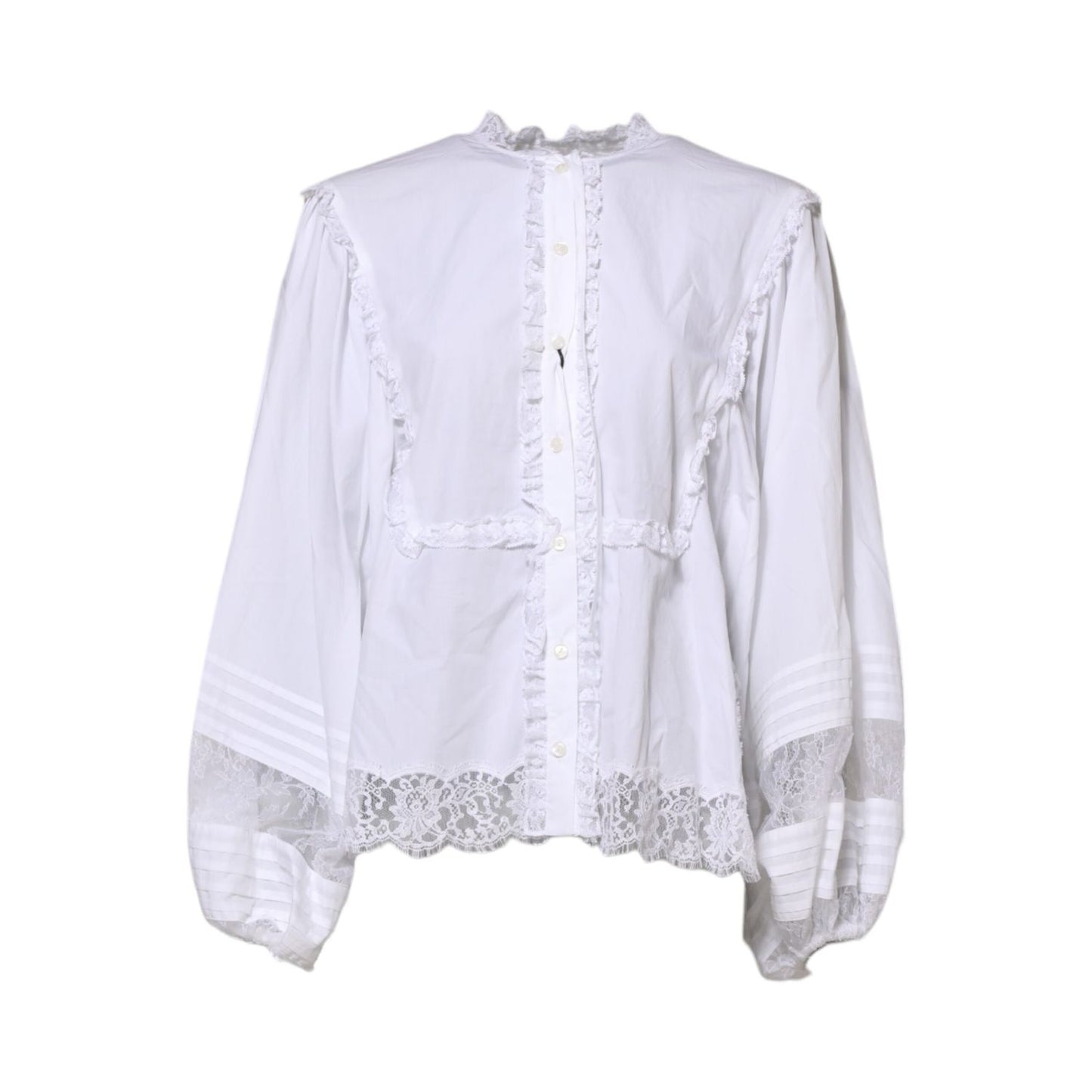 Dolce & Gabbana White Ruffled Lace Embellished Blouse Top with long sleeves and intricate detailing, elegant craftsmanship, Italy made.