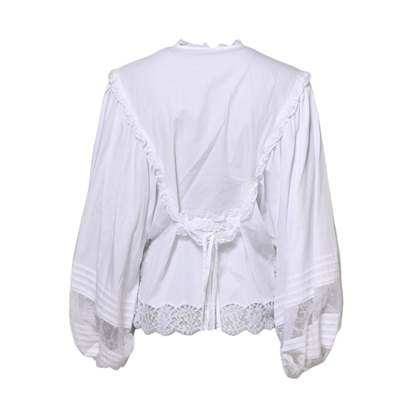 Dolce & Gabbana White Ruffled Lace Embellished Blouse Top with long sleeves and detailed craftsmanship, back view.