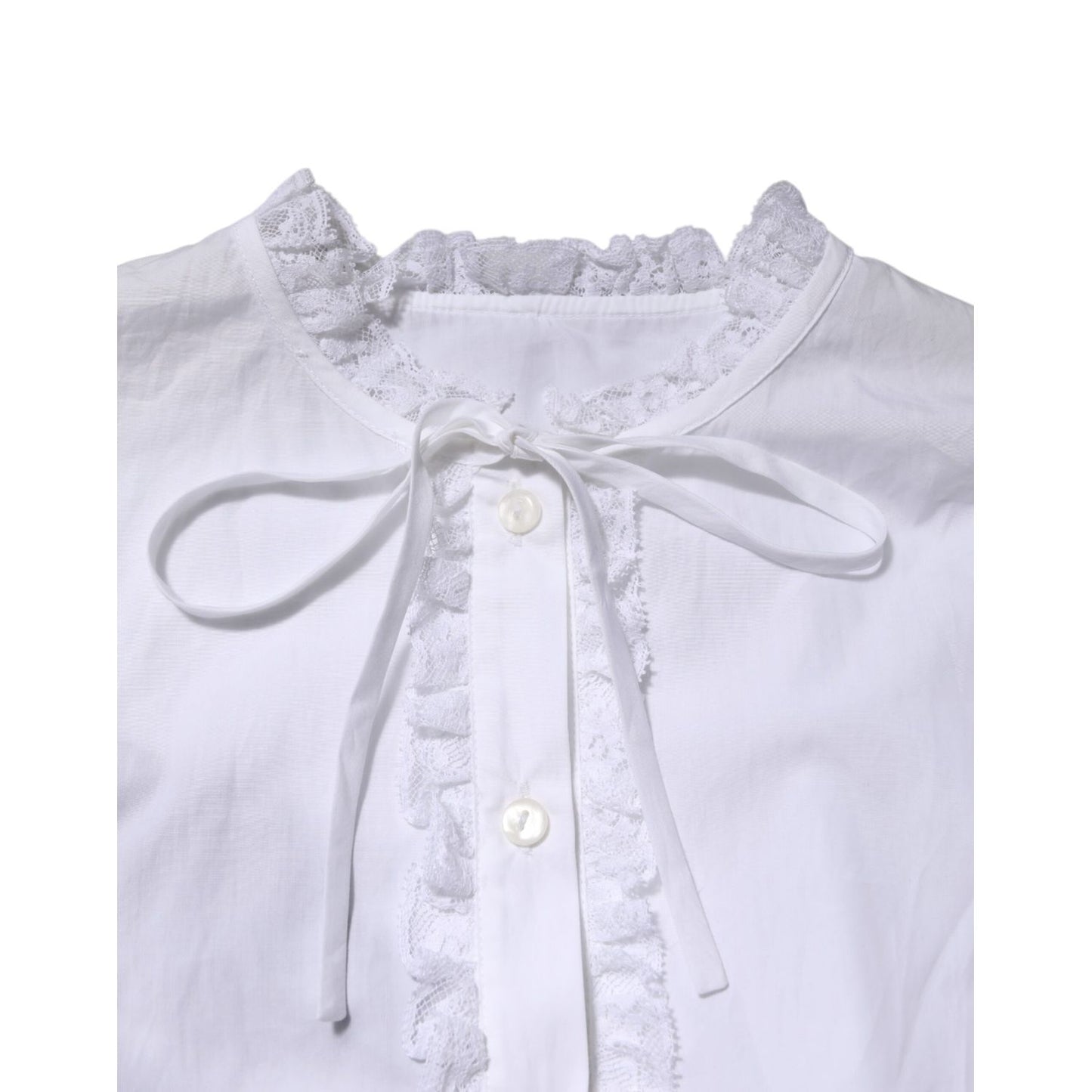 Dolce & Gabbana White Ruffled Lace Embellished Blouse Top with detailed neckline and buttons