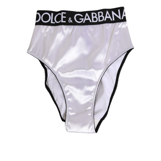 Dolce & Gabbana White Satin High-Waist Black Logo Women Underwear with elastic waistband, elegant design, and luxurious satin finish.