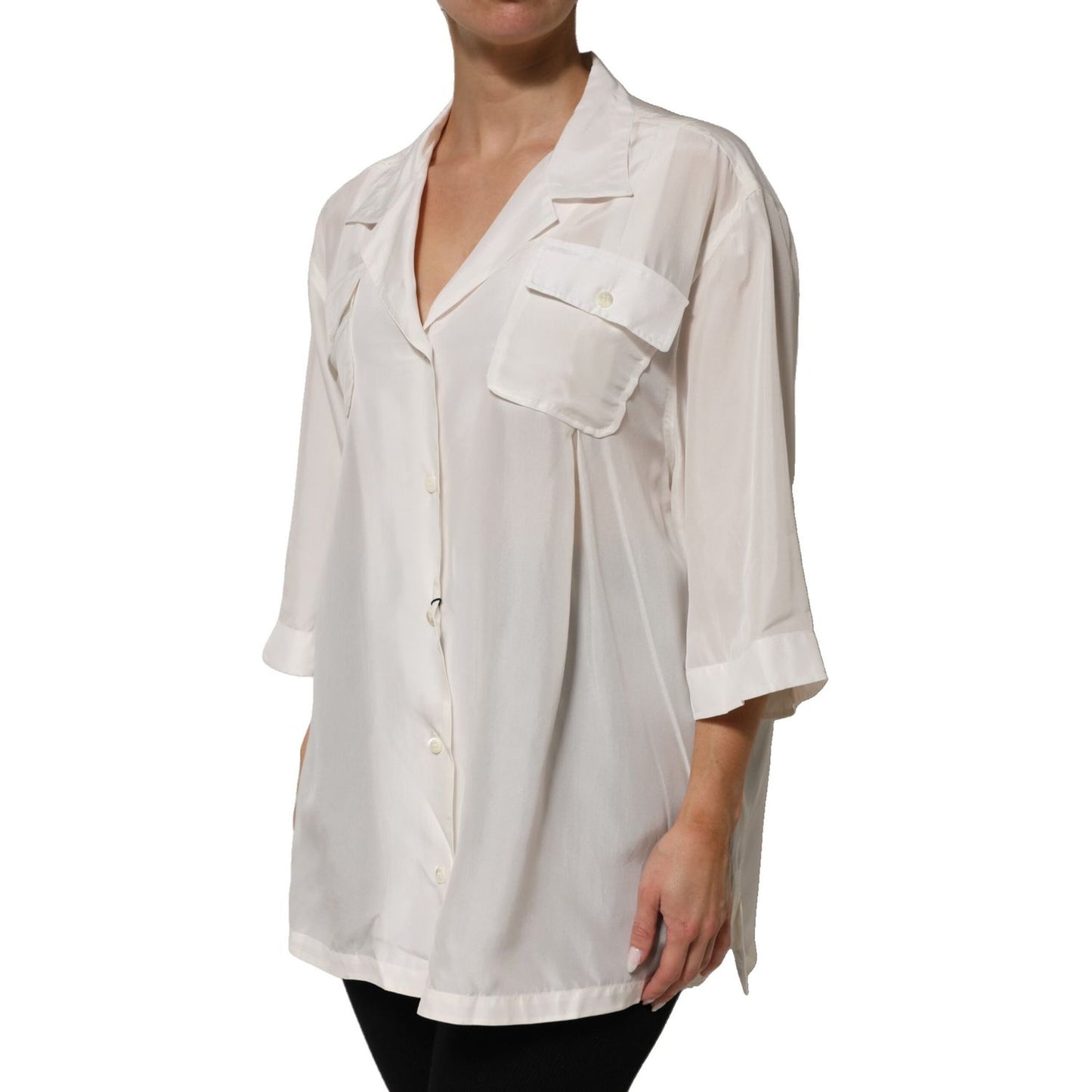 Dolce & Gabbana White Silk Collared 3/4 Sleeves Blouse Top with button closure and front flap pockets.