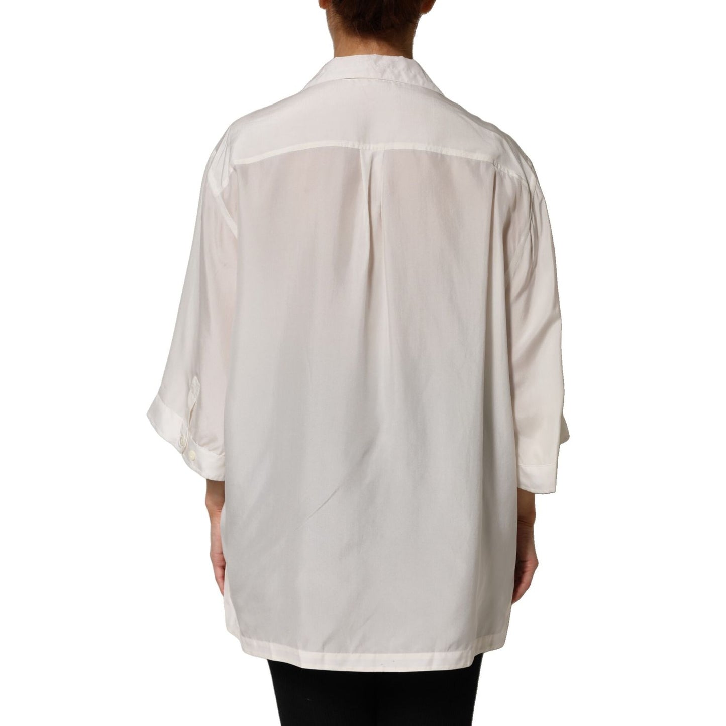 Back view of Dolce & Gabbana White Silk Collared 3/4 Sleeves Blouse Top showcasing lightweight silk fabric and elegant design.