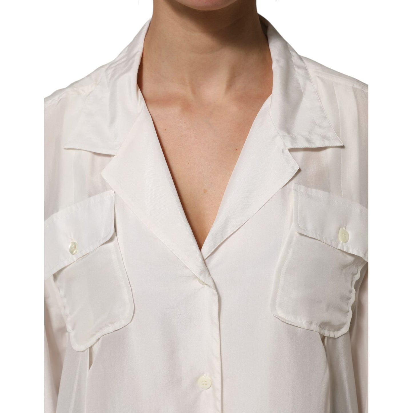 Dolce & Gabbana White Silk Collared 3/4 Sleeves Blouse Top with front flap pockets and button closure, elegant women's fashion.