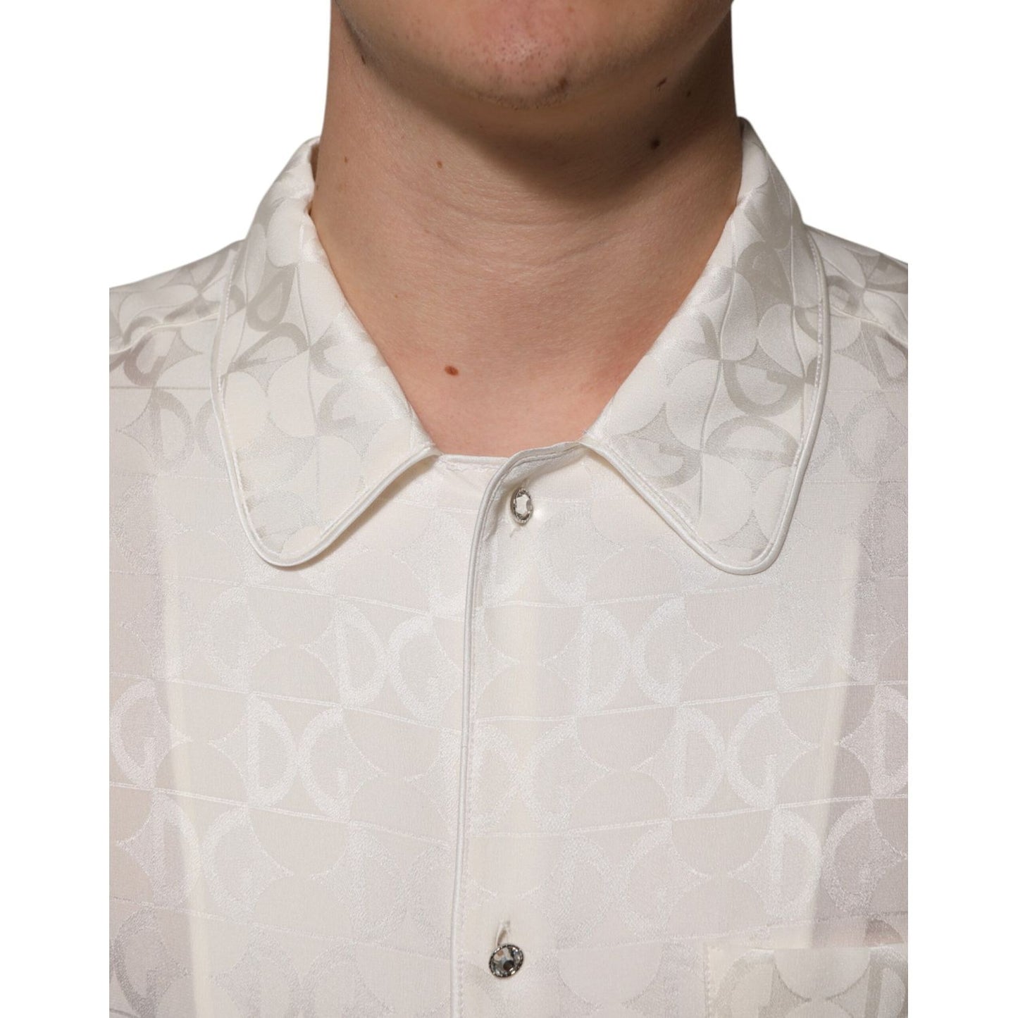 Dolce & Gabbana White Silk DG Logo Print Long Sleeves Shirt close-up showing collar and button details.