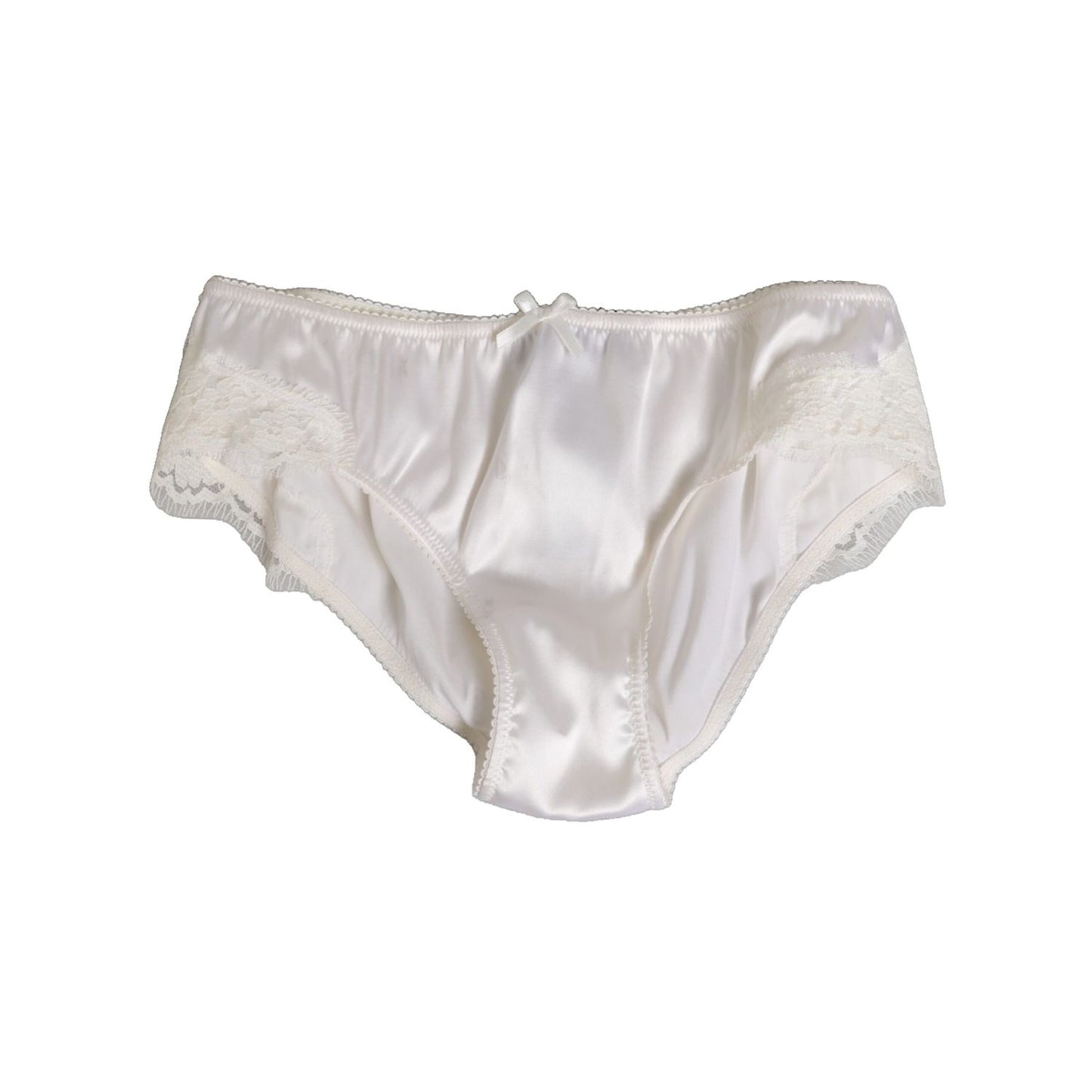 Dolce & Gabbana White Silk Satin Floral Lace Panty Brief Underwear with lace trim, embroidered logo, and Italian craftsmanship.