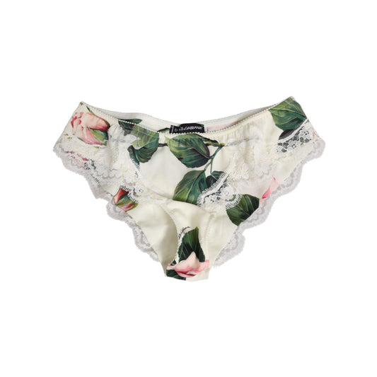 Dolce & Gabbana White Silk Satin Floral Lace Trim Slip Underwear with rose print, luxurious white panties made in Italy.