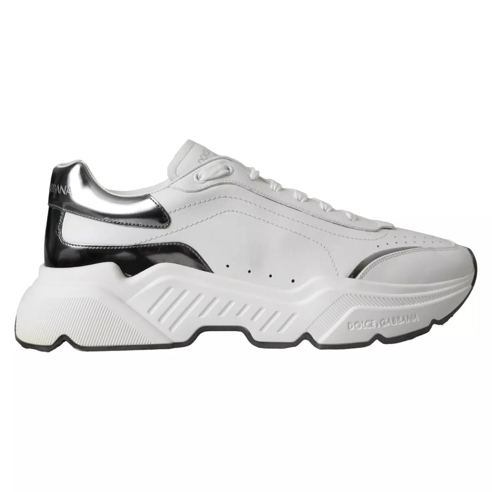 Dolce & Gabbana White Silver Leather Sport DAYMASTER Sneakers, exclusive Italian design with rubber soles and logo details.