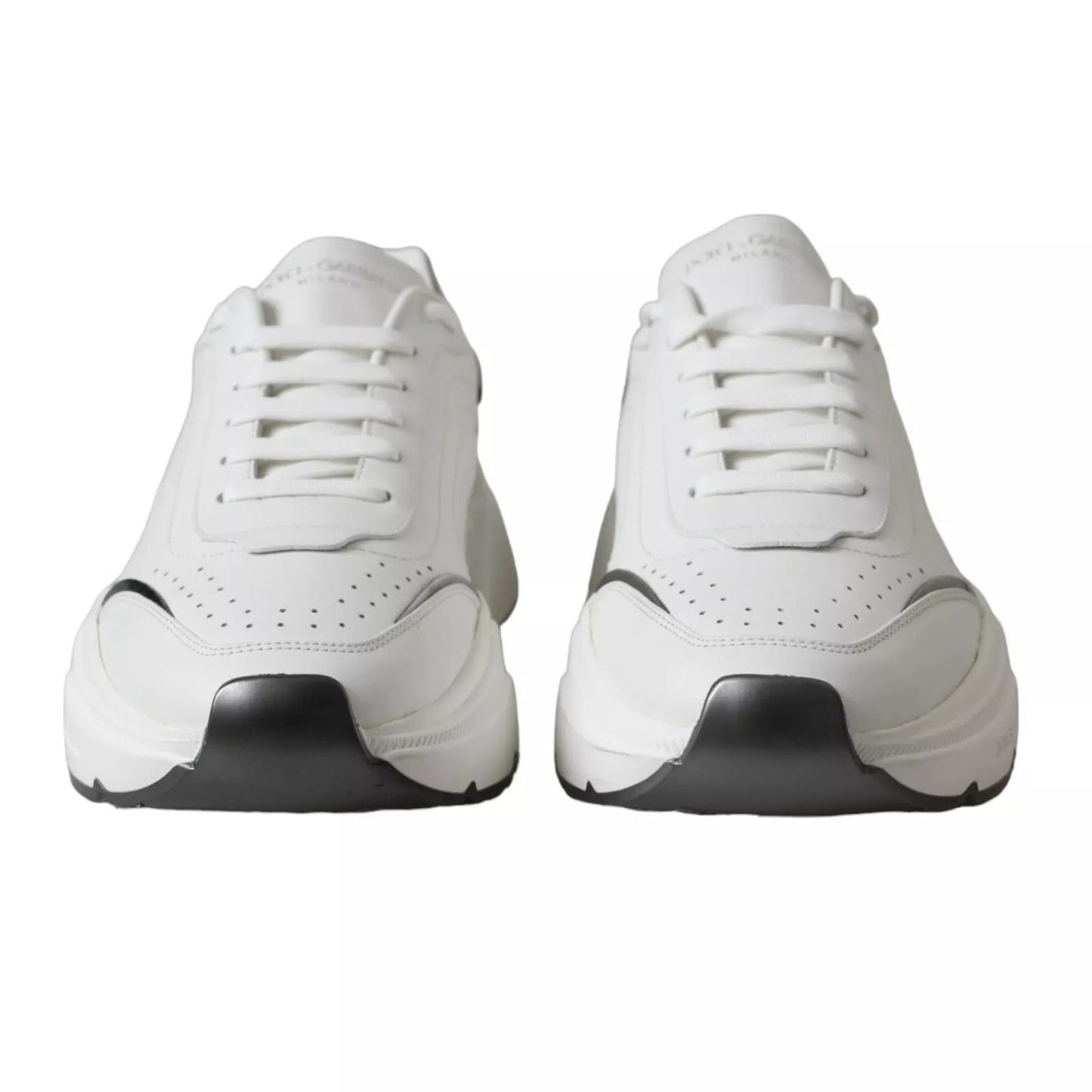 Dolce & Gabbana White Silver Leather Sport DAYMASTER Sneakers front view, showcasing premium design and materials.