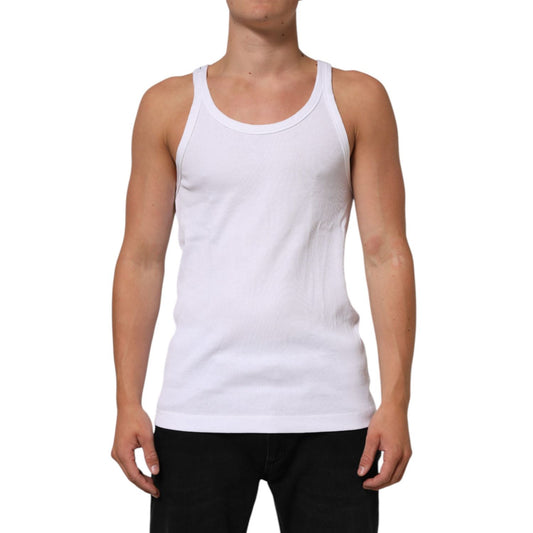 Dolce & Gabbana White Sleeveless Round Neck Tank T-shirt featuring classic design, breathable cotton, shown on model, minor stains visible.