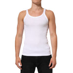 Dolce & Gabbana White Sleeveless Round Neck Tank Top T-shirt on male model, 100% cotton, regular fit, stylish clothing from Italy.