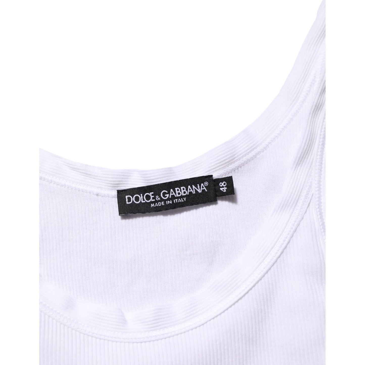 Dolce & Gabbana White Sleeveless Round Neck Tank Top T-shirt, cotton close-up with label, made in Italy.