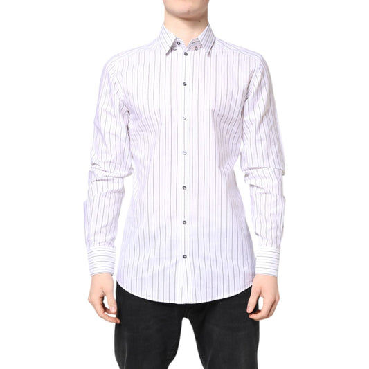 Dolce & Gabbana White Stripes Cotton GOLD Formal Dress Shirt with classic neck and long sleeves