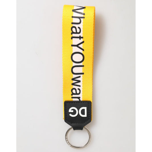 Dolce & Gabbana Yellow Logo Polyester Silver Brass Holder Keychain Keyring with DG logo and yellow strap on white background.