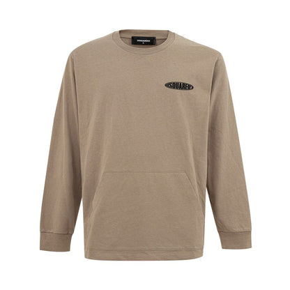Dsquared² Beige Cotton T-Shirt with long sleeves, crew neck, and black logo on front. Features maxi pocket and side slits. 100% cotton.