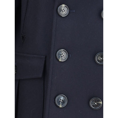 Close-up of the Dsquared² Blue Wool Coat showcasing double-breasted button closure and structured lines.