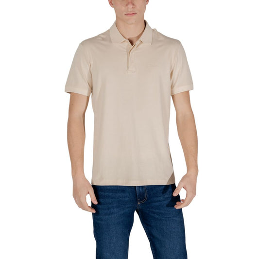 Man wearing EA7 Emporio Armani Beige Cotton Polo Shirt with short sleeves and casual fit.