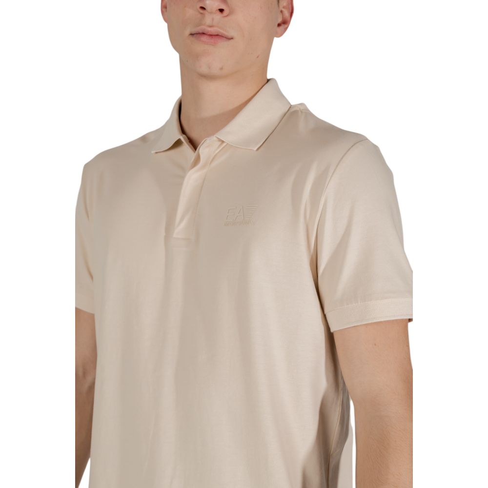 Man wearing EA7 Emporio Armani Beige Cotton Polo Shirt, short-sleeved, made of 95% cotton and 5% elastane, perfect for casual occasions.