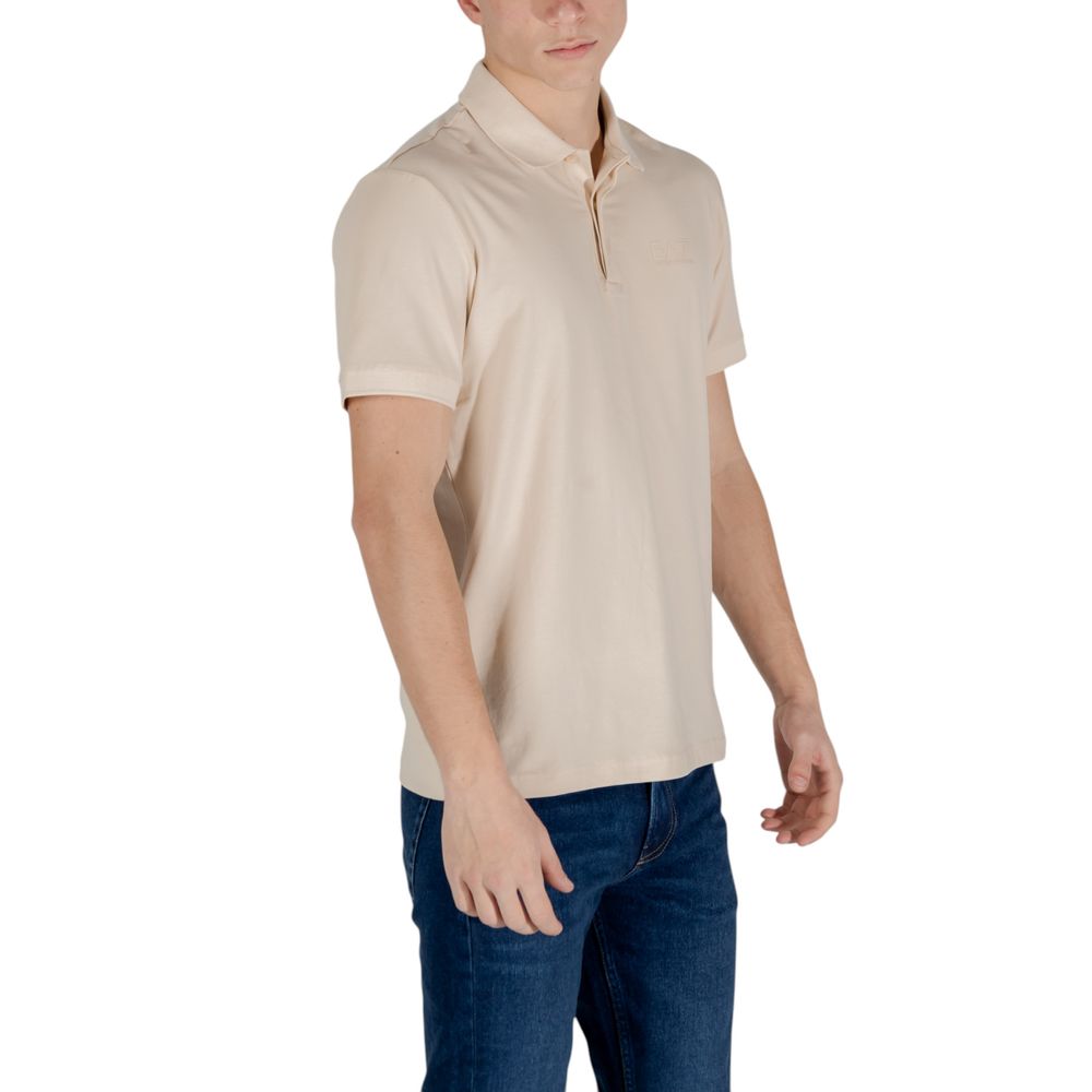 Man wearing EA7 Emporio Armani Beige Cotton Polo Shirt, short-sleeved, 95% cotton, perfect for leisure or smart casual outfits.