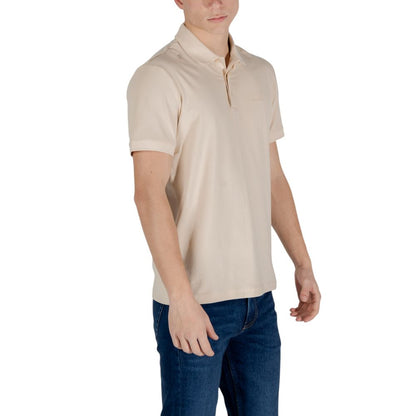 Man wearing EA7 Emporio Armani Beige Cotton Polo Shirt, short-sleeved, 95% cotton, perfect for leisure or smart casual outfits.