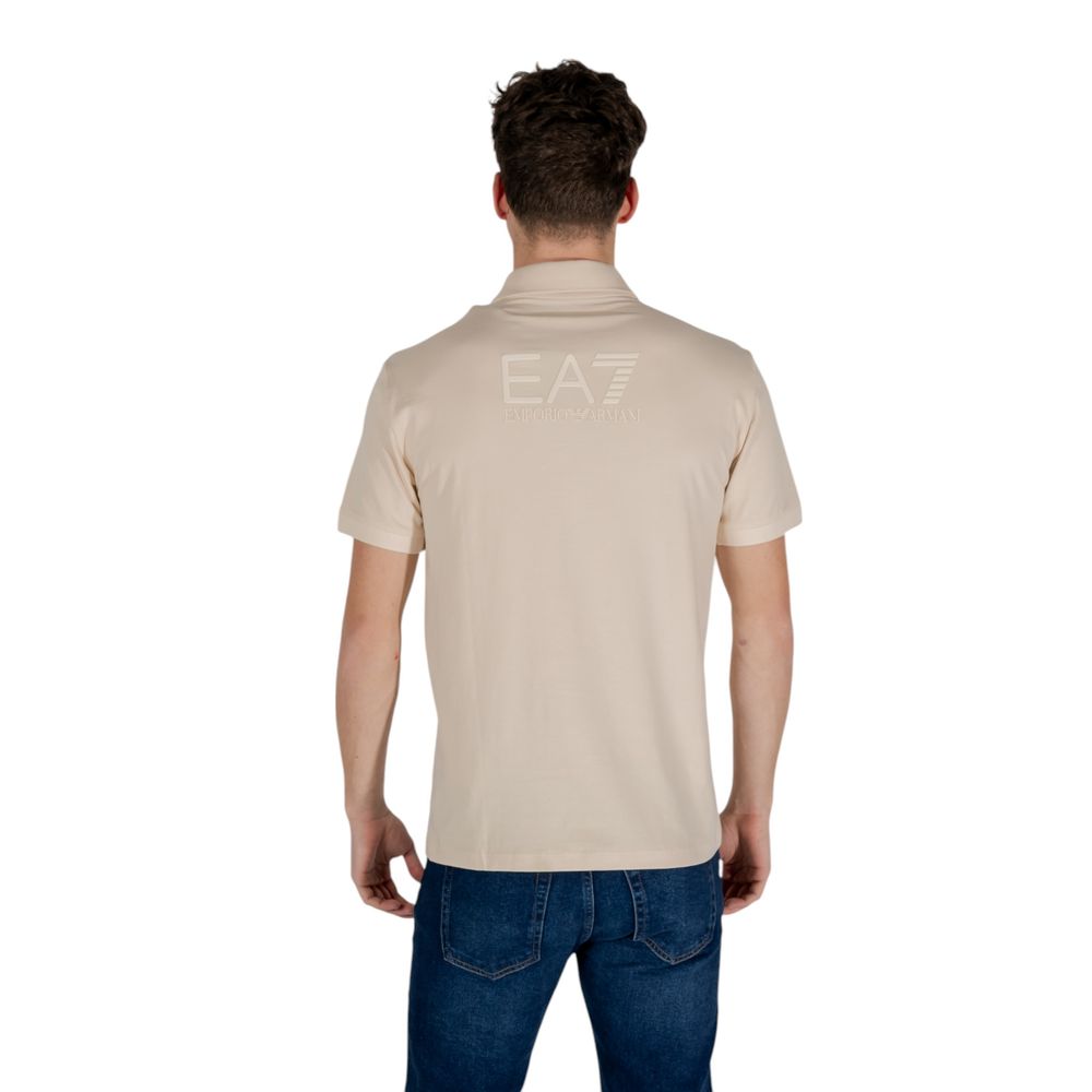 Back view of a man wearing the EA7 Emporio Armani Beige Cotton Polo Shirt, showcasing the embroidered EA7 logo.