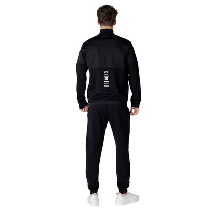 Back view of man wearing EA7 Emporio Armani Black Cotton Sweatsuit showcasing modern sporty design, perfect for style and comfort.