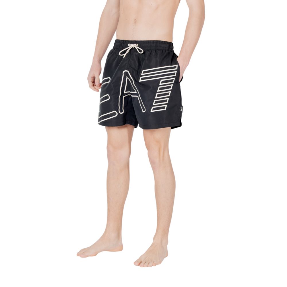 EA7 Emporio Armani Black Polyester Swim Shorts with logo and drawstring, suitable for beach or pool.