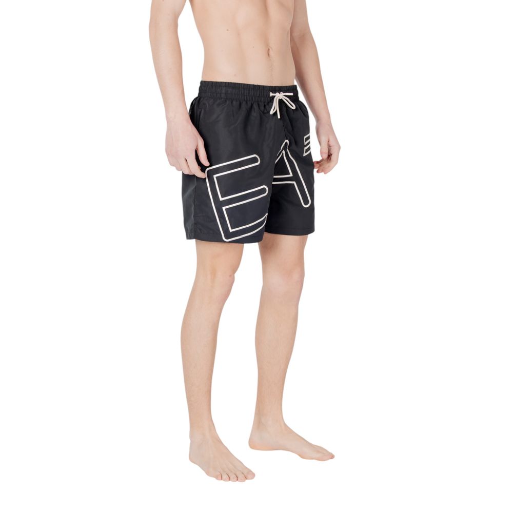 EA7 Emporio Armani Black Polyester Swim Shorts with logo design, shown with elastic waistband and drawstring, ideal for beachwear.