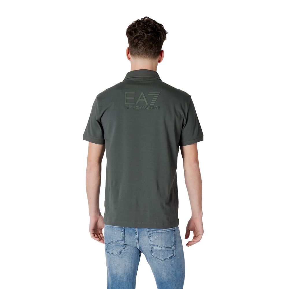 Back view of man wearing EA7 Emporio Armani Green Cotton Polo Shirt showcasing stylish design and comfortable fit.