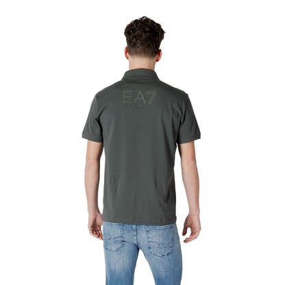 Back view of man wearing EA7 Emporio Armani Green Cotton Polo Shirt showcasing stylish design and comfortable fit.