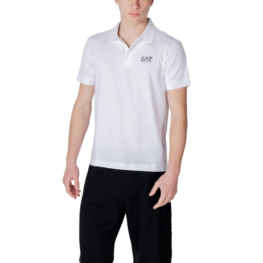 Man wearing EA7 Emporio Armani White Cotton Polo Shirt, displaying elegant design and EA7 logo.